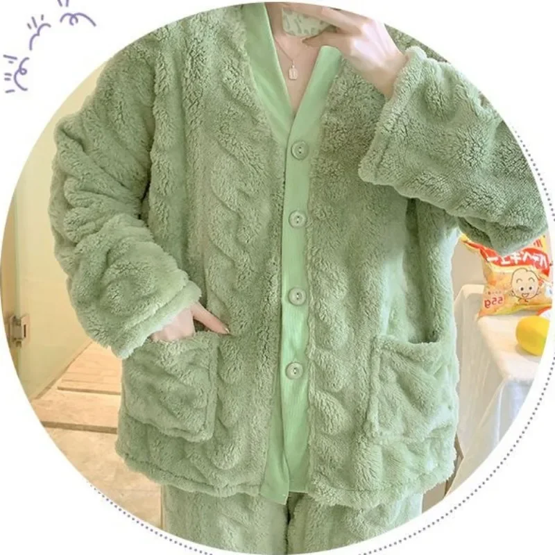 Lady Coral Fleece Pajamas Women Winter Sleep Clothes Fledge Loose Homewear Flannel Loungewear Famale Home Suit Autumn Thickening