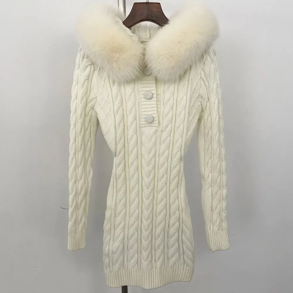 

Autumn Winter Real Fur Sweater Hooded Big Fur Fashion Women Slim Fur Patchwork Elegant Knitted Dress Knitwear Hoodie Tops Female