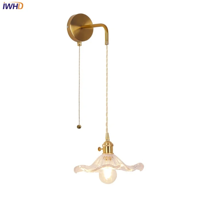 

IWHD Copper LED Wall Lamp Sconce Living Dining Room Porch Nordic Glass Pull Chain Switch Adjustable Bathroom Stair Mirror Light