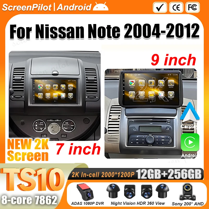Android 16 For Nissan Note  2004-2012 Car Radio Stereo Head Unit Multimedia Video Player GPS Navigation 2K QLED 7 Inch 5G 9 Inch