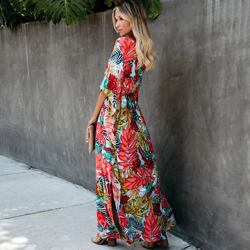Bohemian Printed Kaftan Women Beachwear Tunic Beach Cover up Saida de Praia Swimsuit Bikini Cover-ups Pareo Sarong
