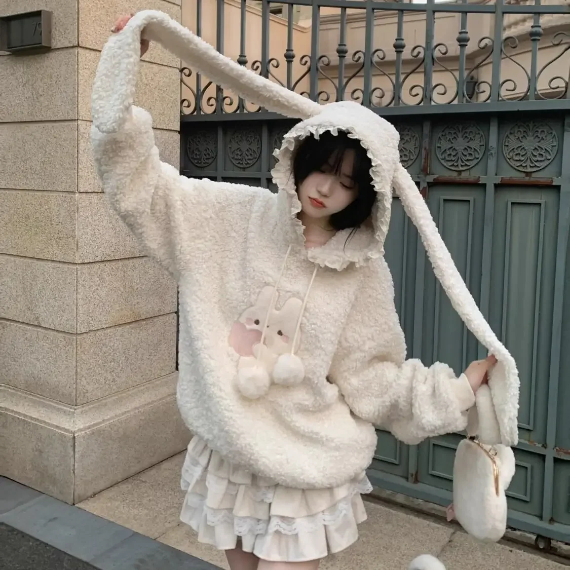 MAGOGO Japanese White Kawaii Lolita Lamb Wool Hoodies Women Causal Cartoon Embroidery Rabbit's Ears Sweet Y2k Loose Sweatshirt