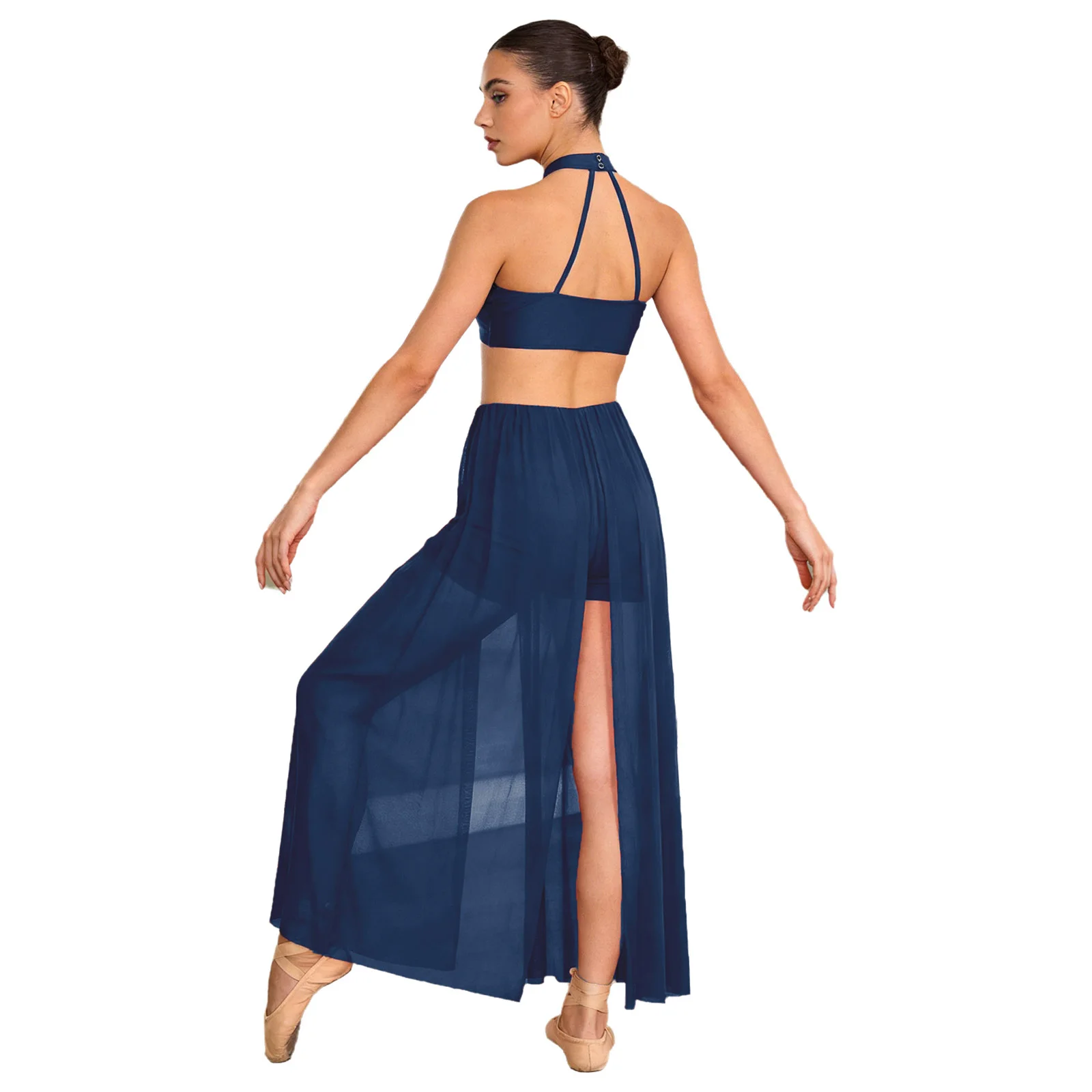 Womens Lyrical Dance Dress Modern Contemporary Dancewear Shiny Sequin Halter Backless Mesh Skirt Leotard Ballet Skating Bodysuit