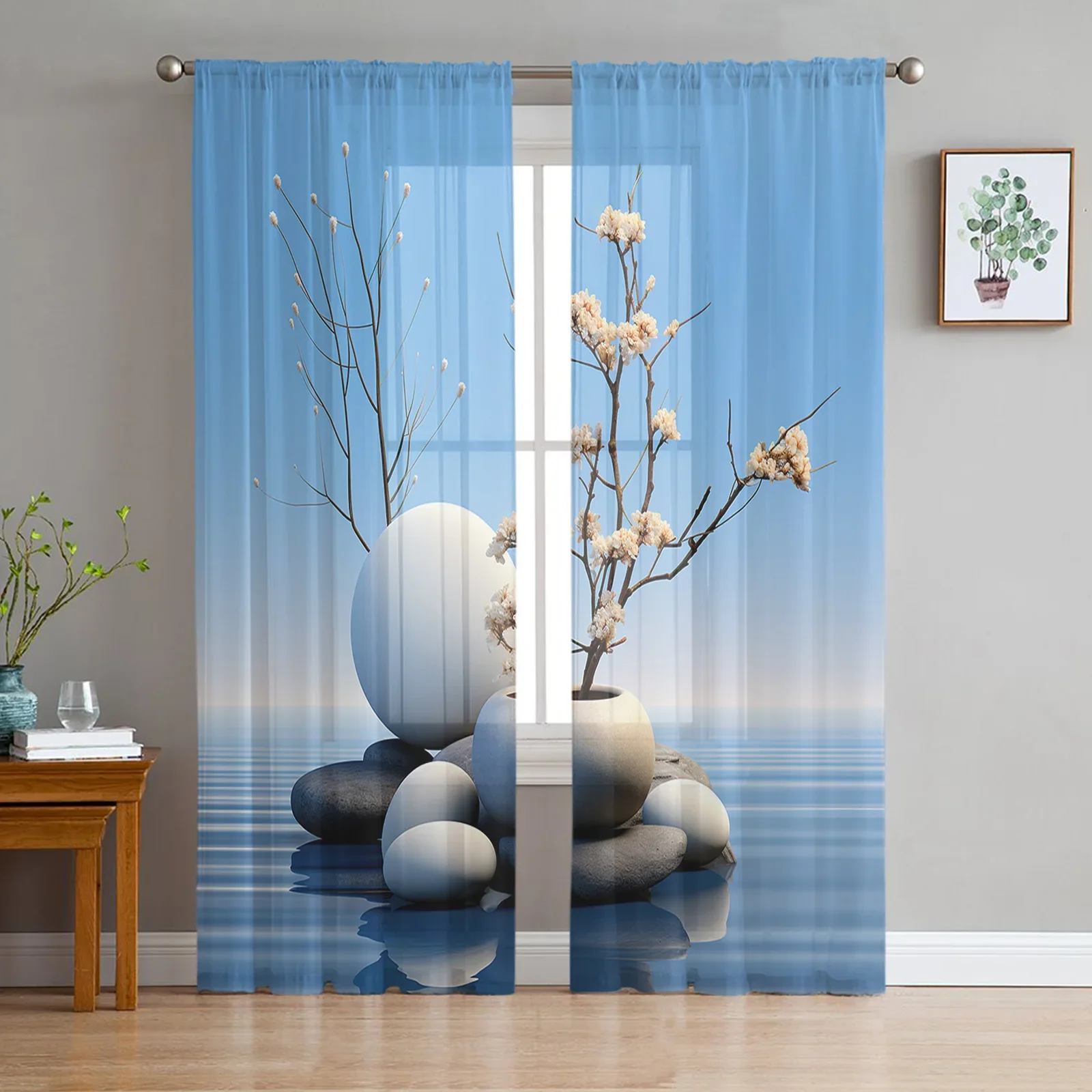 Zen Stones Branch Flower Window Tulle Curtains for Living Room Kitchen Christmas Home Decor Sheer Voile Curtains