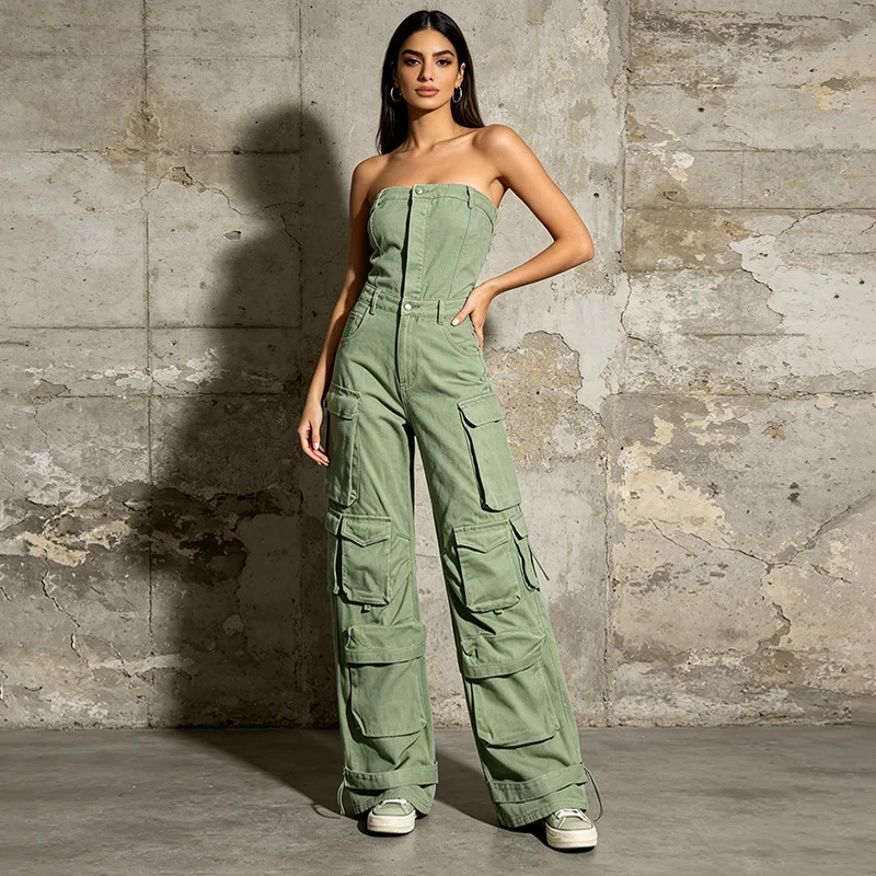 ZAMOR HIGH QUALITY Fashion Utility Denim Jumpsuit 2026 Summer New Design Patchwork Multi Pocket Strapless Women's Romper