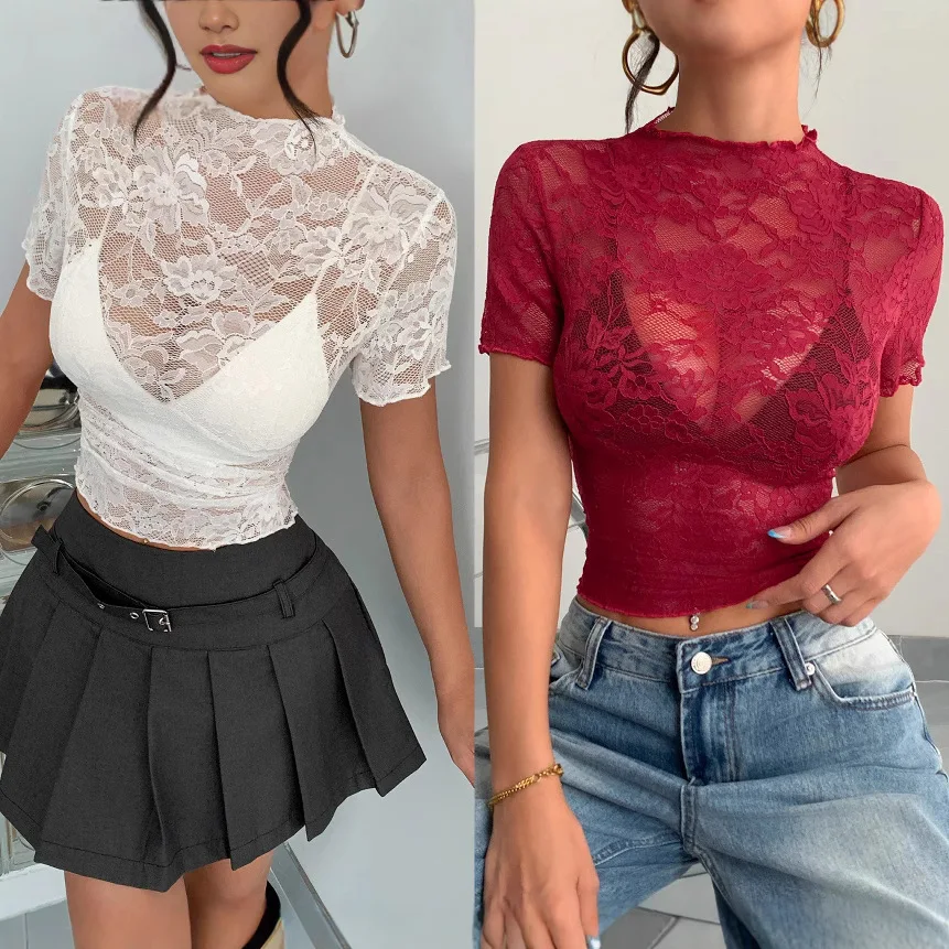 

2025 Spring/Summer New Half-High Neck Lace Ruffled Thin Women's Niche Sexy Slim Top