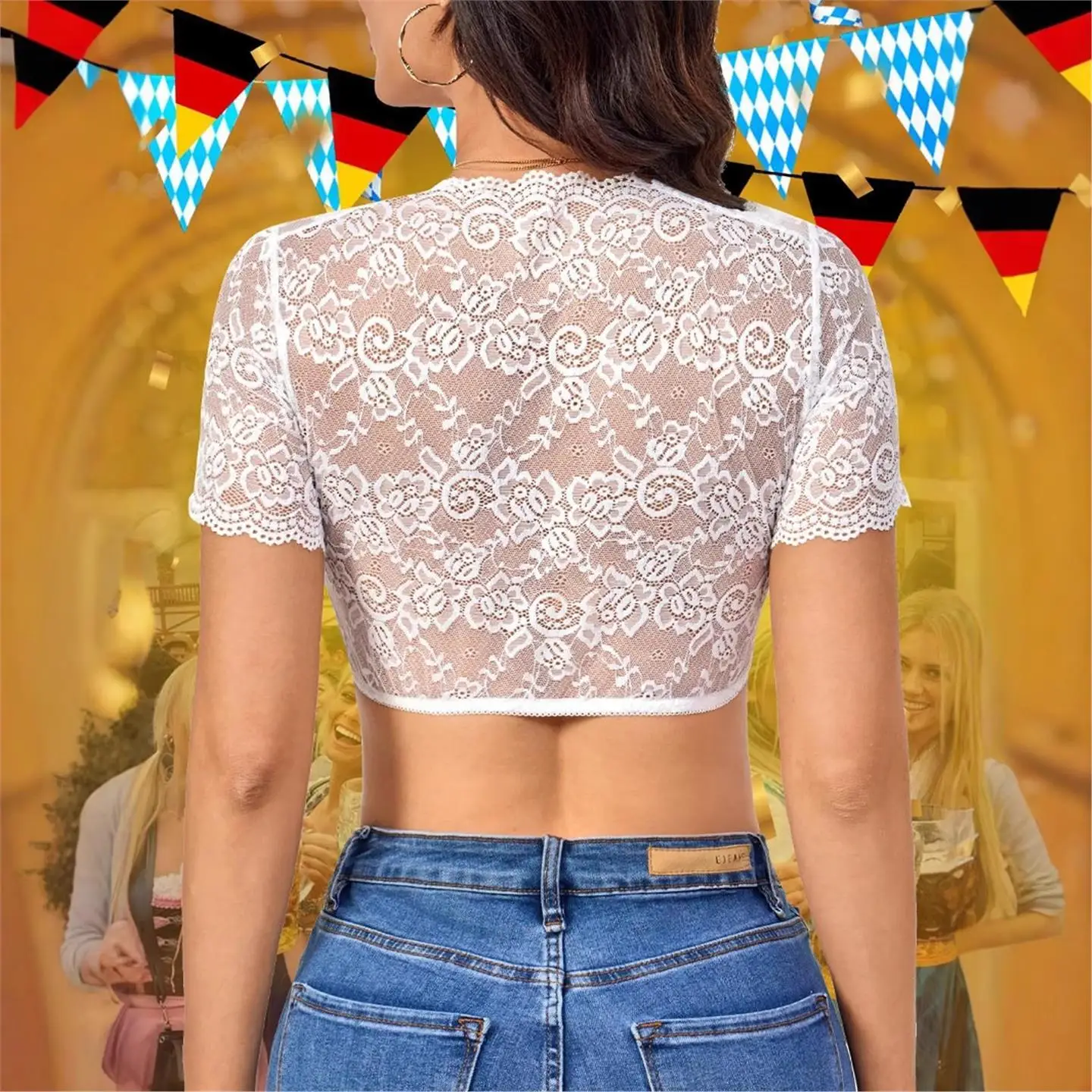 Csa de encaje blanco de manga corta con cordón, estilo Festival de la cerveza bávara, csa de moda europea para mujer, f...