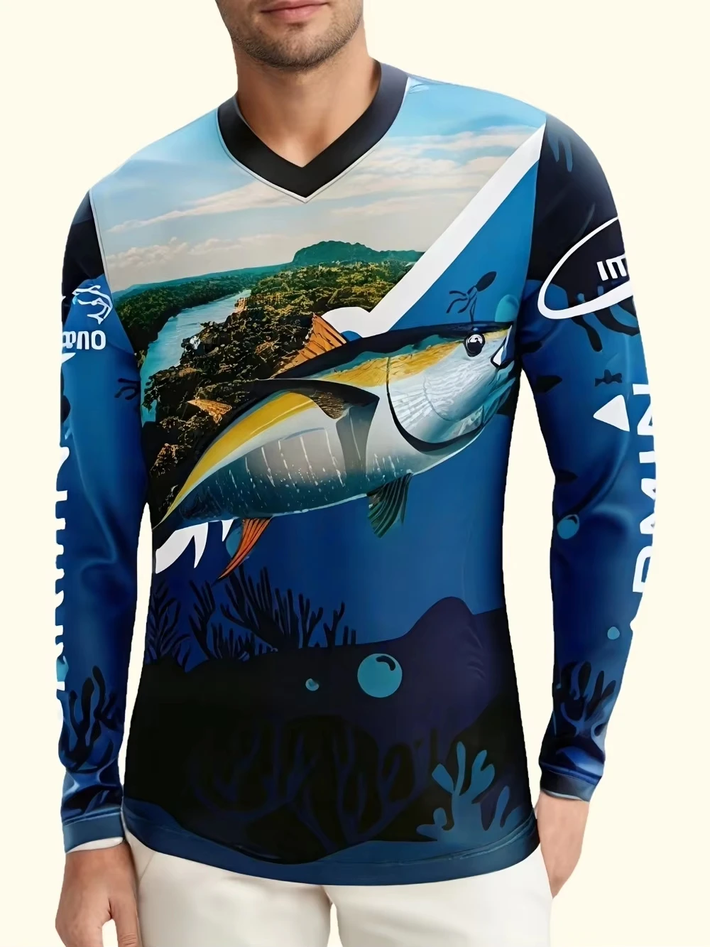 2026 New 3D Ocean Fish Print Fishing Jersey V‑Neck Quick‑Dry Sun Protection Long Sleeve Shirts Outdoor Hiking Fishing Sport Tops