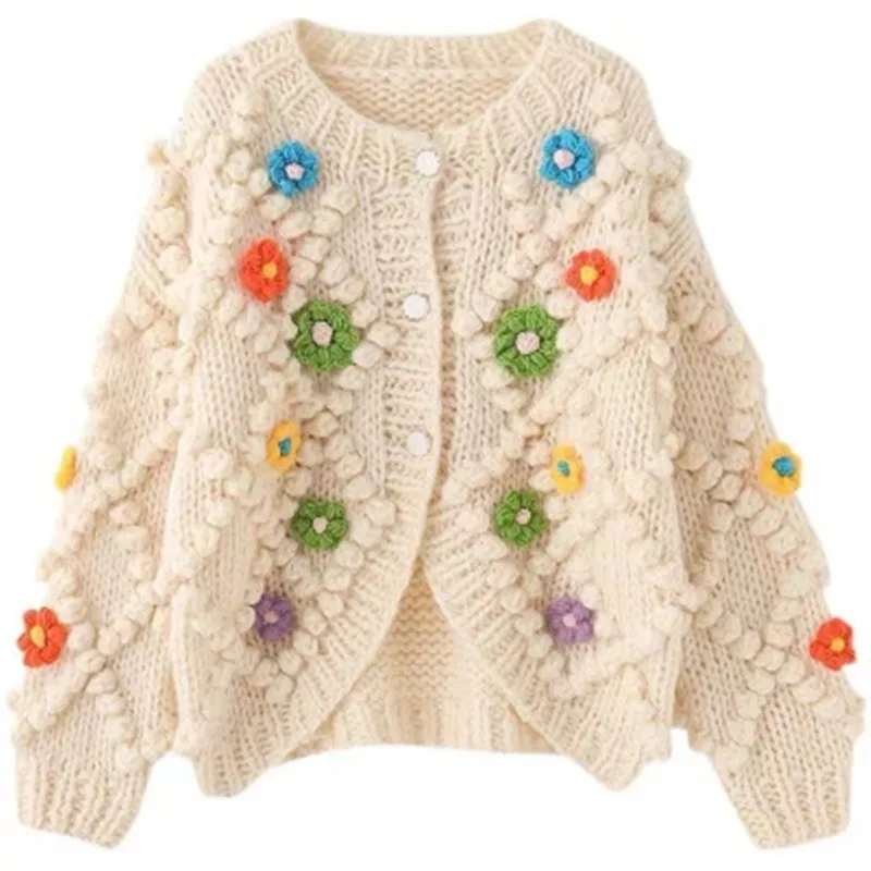 Three-dimensional Flower Handmade Embroidery Cardigan Sweater 2022 Autumn Winter Fashion Women\'s Thick Warm Knitted Coat