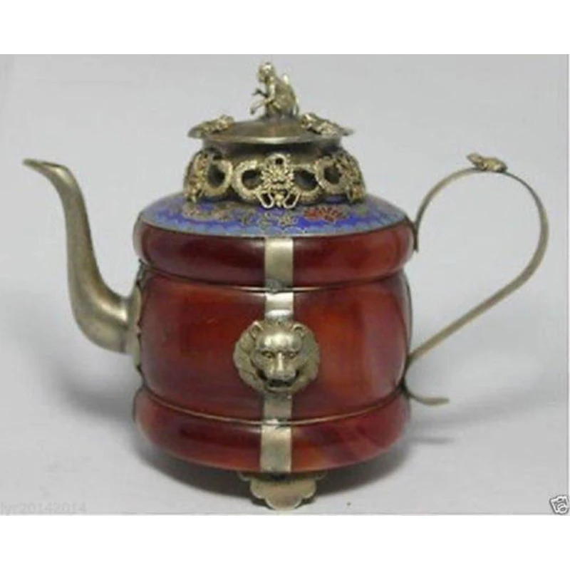 

Beautiful Chinese Tibet Silver Manual Mosaic Red jade Teapot