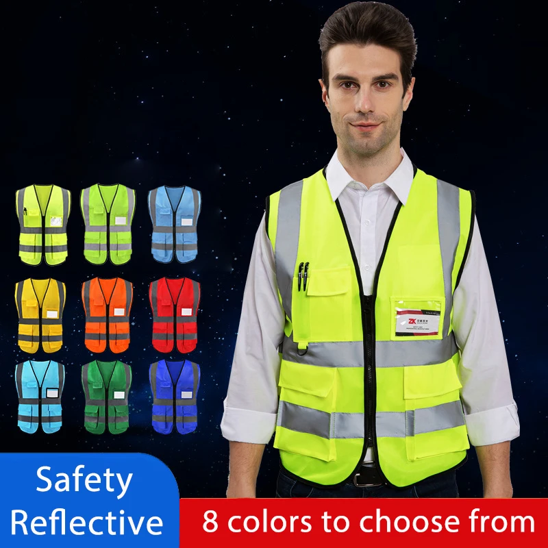 Reflective Safety Vest High Visibility Night Work Security Sleeveless Yellow Vest Construction Workwear Zipper & Pockets Adults