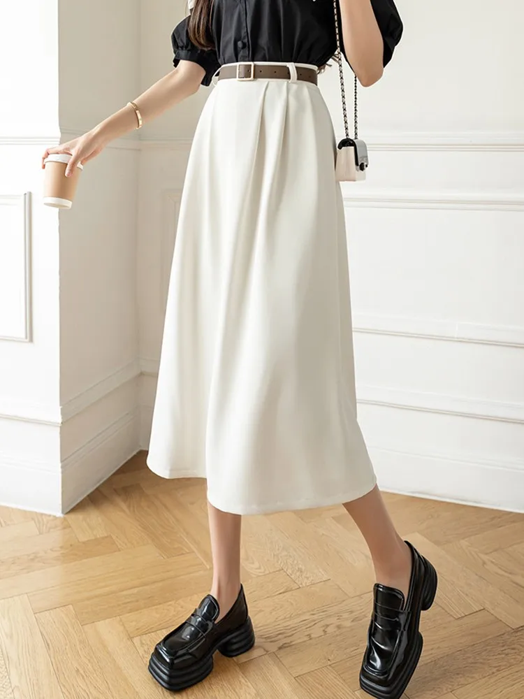 High Waist Casual Women New Arrival 2022 Fashion Korean Style Solid Color All-match Ladies Elegant A-line Long Skirt W1082