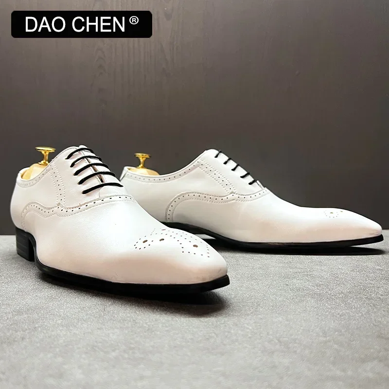 Zapatos de OXFORD italianos para hombre, vestido de lujo con cordones en BROGUE blanco y negro, zapatos de boda de negocios para oficina para