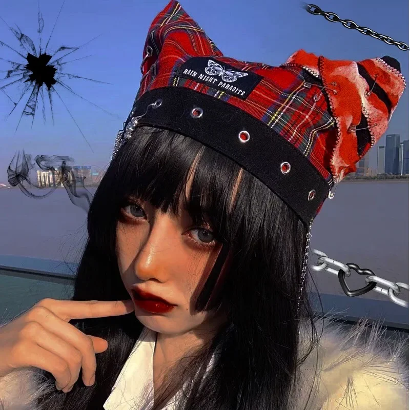 Japanese Punk Rock Metal Chain Plaid Cat Ear Beret Hat Gothic Girls Fashion Streetwear Hip Hop Devil Red Black Blood Bucket Caps