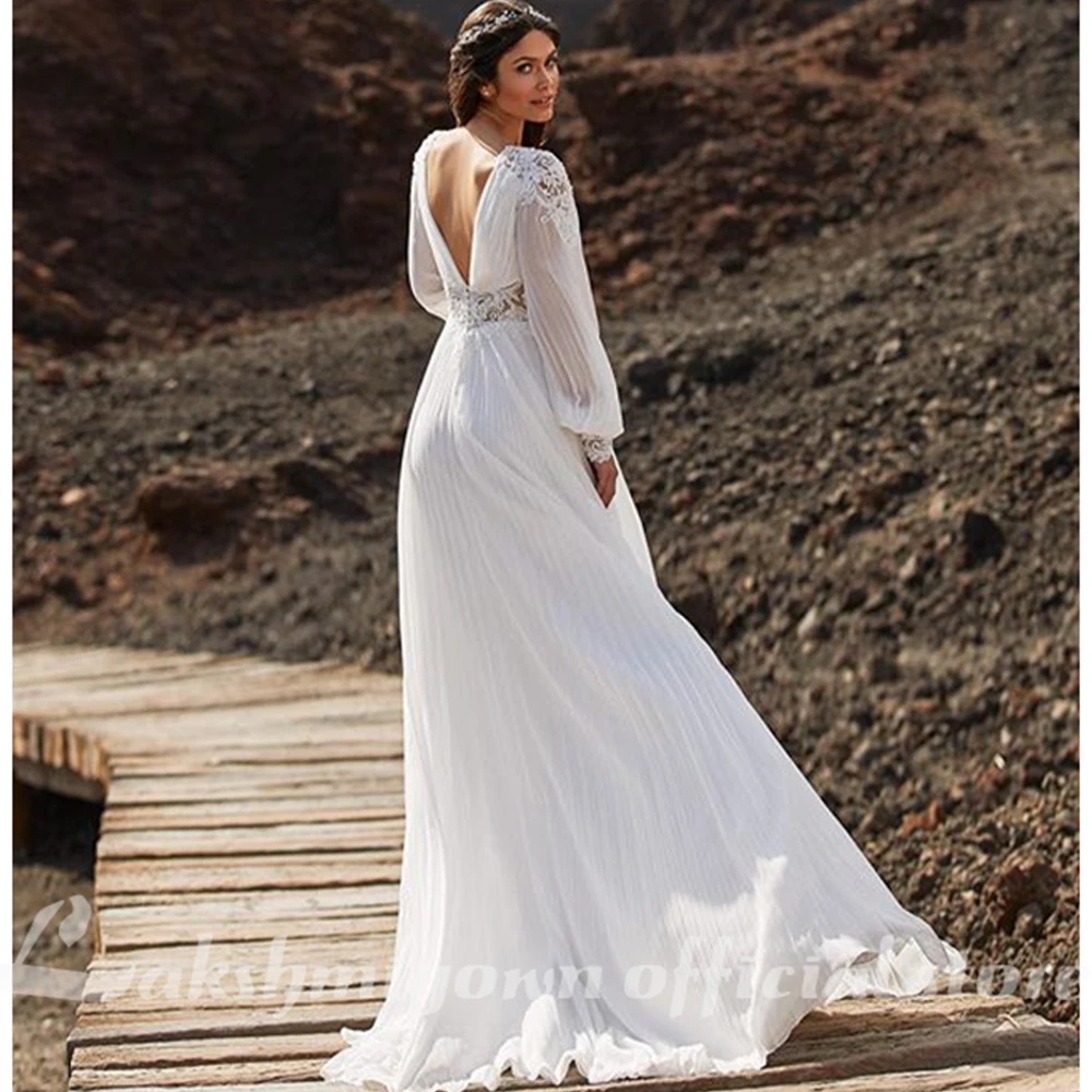 Pleated Chiffon Beach A-Line Wedding Dresses Deep V Neck Long Sleeve A Line Backless Bridal Dresses Boho Lace Wedding Gowns