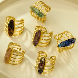 NIMAI 2024 Colorful Crushed Natural Stone Inlay Open Ring Stainless Steel Gold Plated Fine Jewelry Free Size Ring
