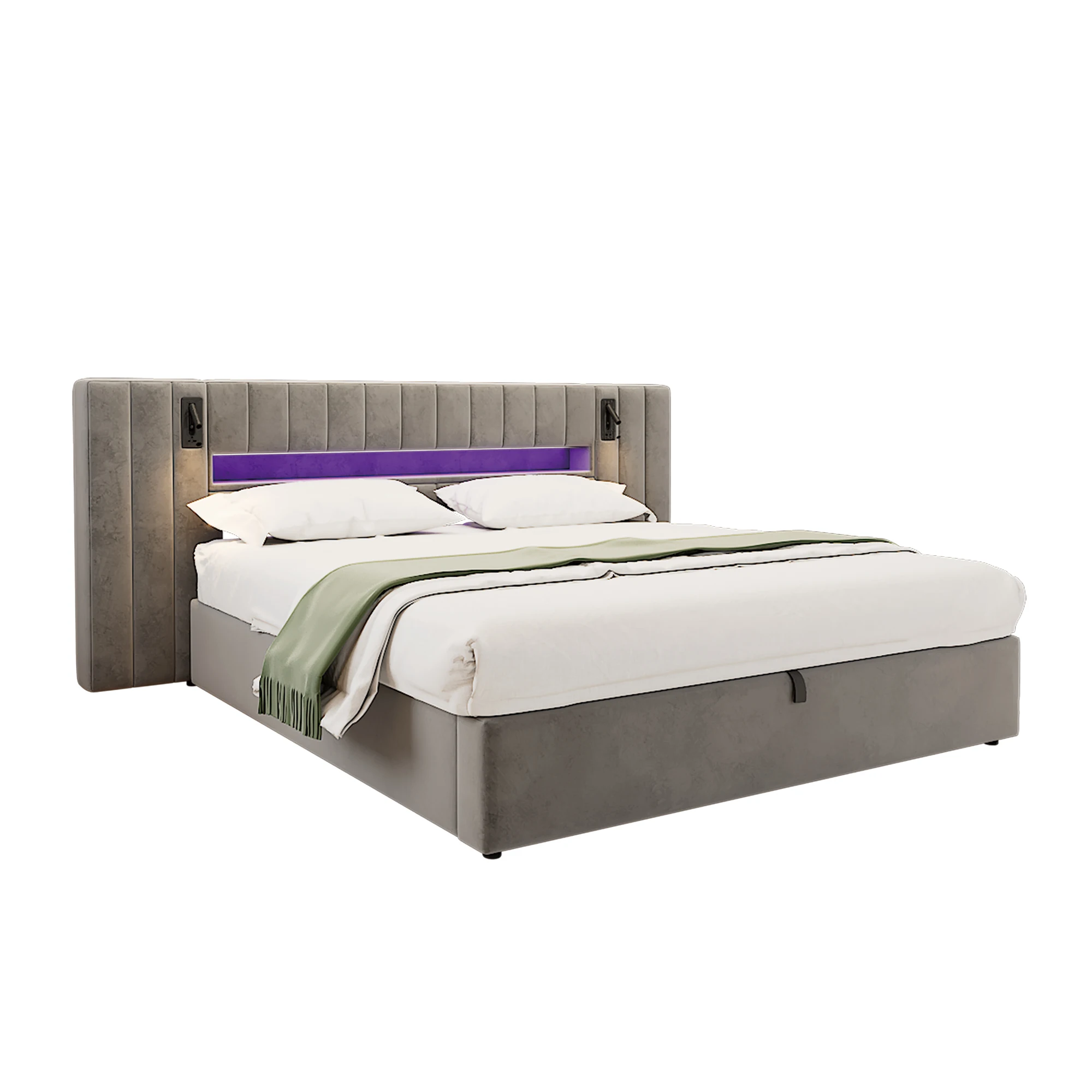 هيكل سرير 180 × 200 سم، مع واجهة USB، سرير مرتبة ناعمة، سرير مزدوج، سرير غرفة تخزين، سرير عملي، مع إضاءة LED، مصباح بجانب السرير في غرفة التخزين، بدون مرتبة، مخمل، رمادي