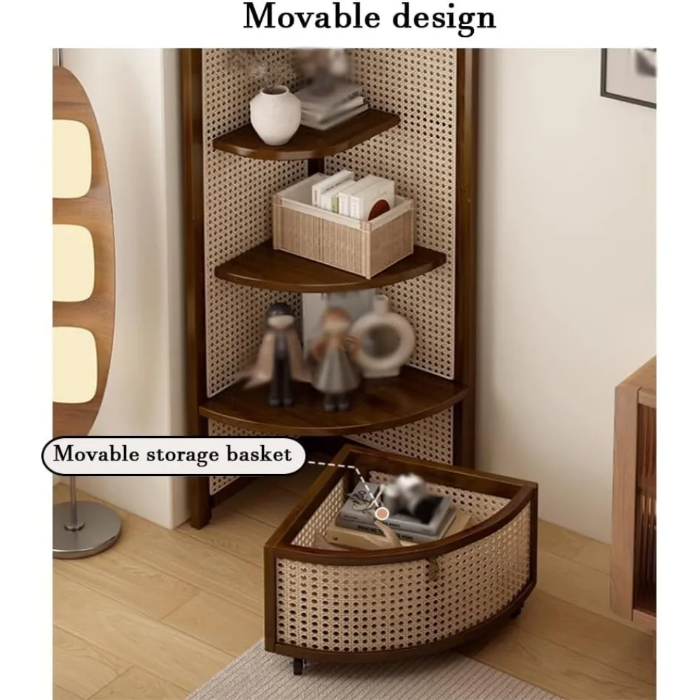 حامل رف زاوية من الروطان مع سلة تخزين، خزانة كتب على شكل مروحة، مصنوع من الروطان، مثالي لحلول تخزين غرفة النوم #5