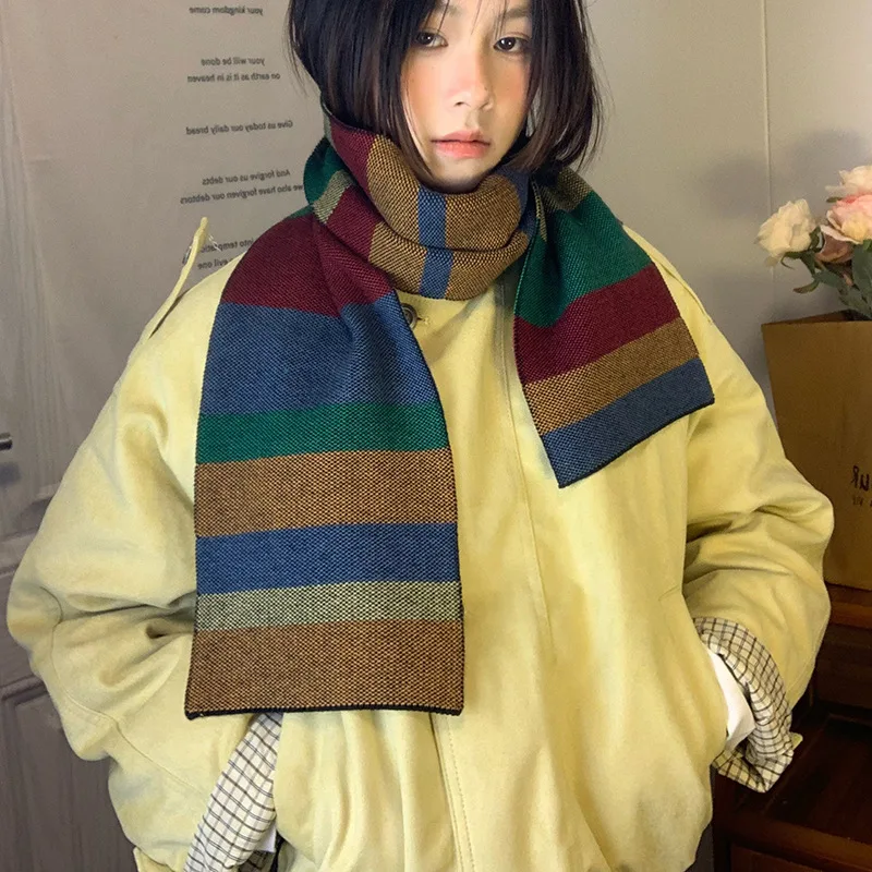 

Same high-end atmosphere rainbow striped knitted scarf for warmth and style