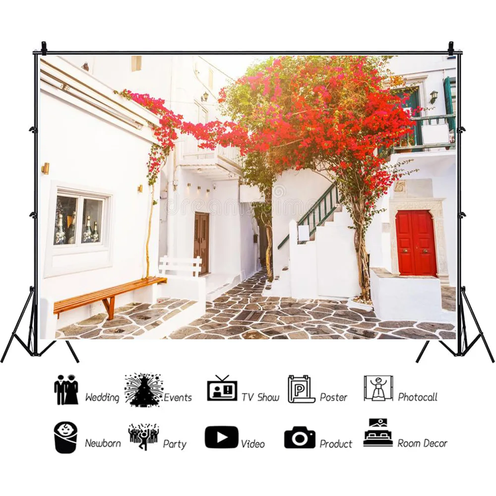 ZHISUXI Verde Retro Strada Mare Paesaggio Vecchie case verniciate bianche in fiore Foto di matrimonio Sfondo fotografico FSJ-08