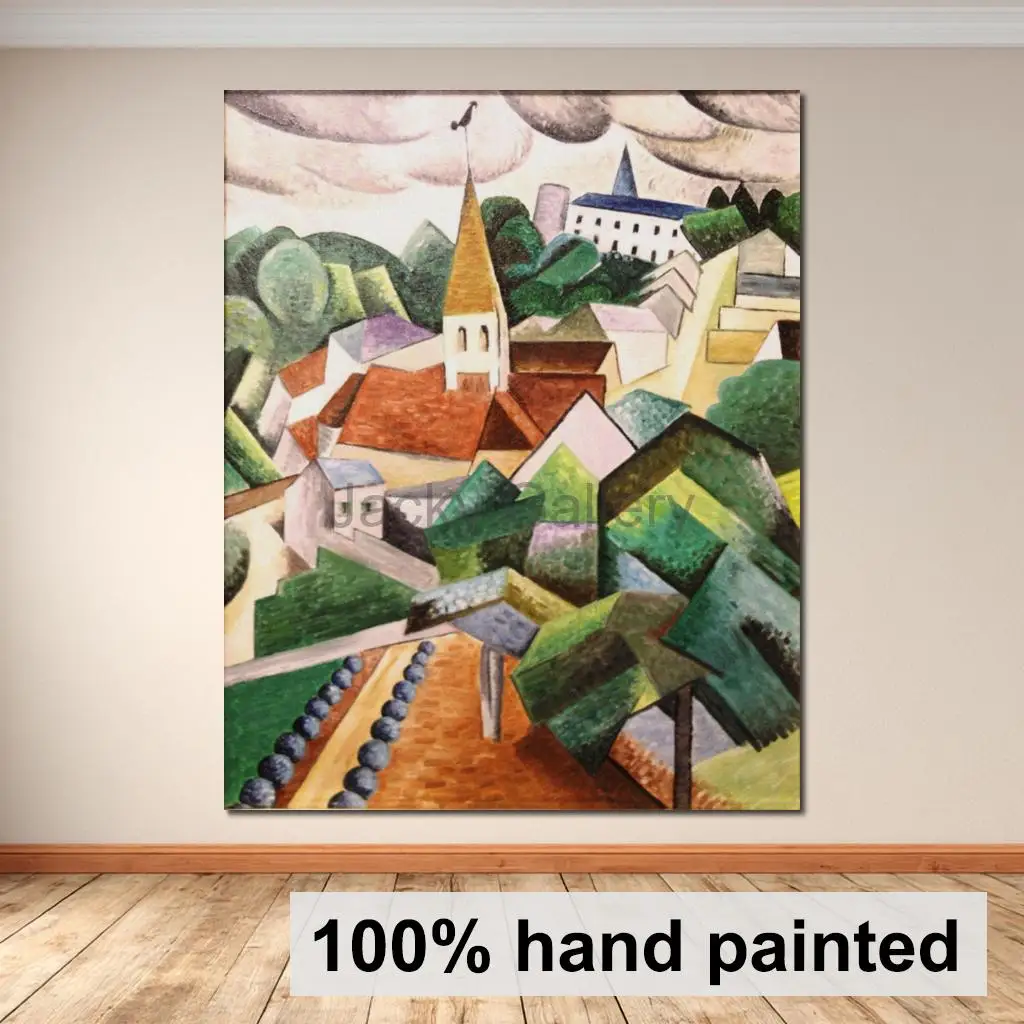 Villaggio Di Collina Hand Painted Modernist Abstract Landscape Oil Painting Colorful Geometric Wall Art Canvas Decor Living Room