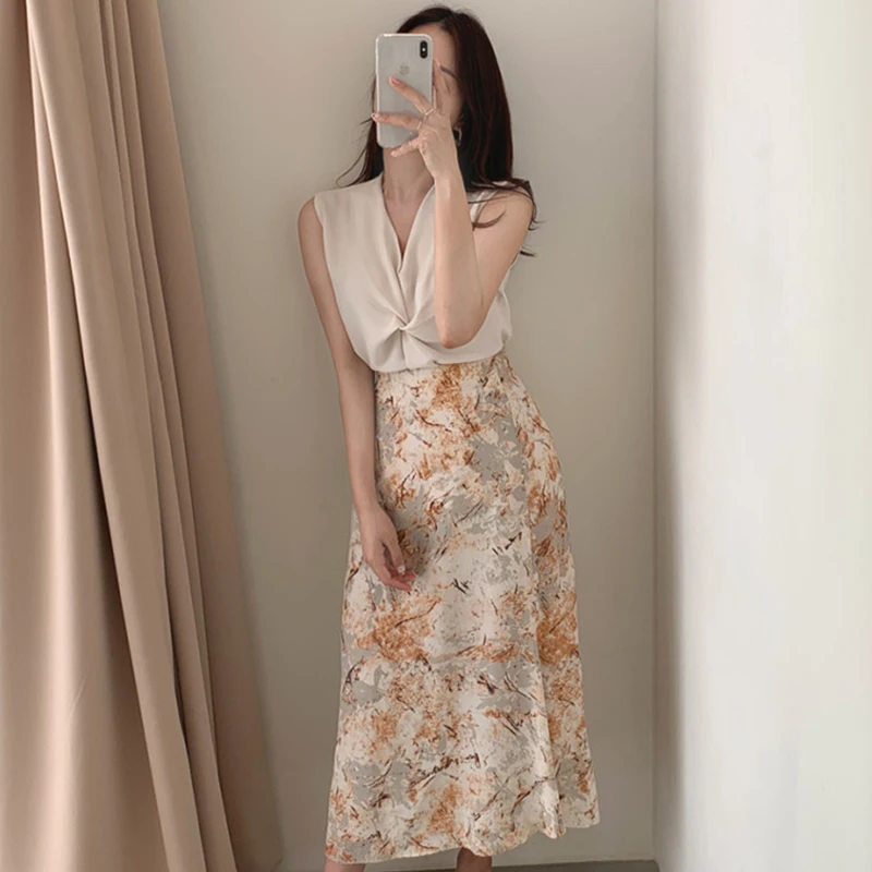 Chic V-ne Knot Svel irt Vita alta Vernice floreale Gonna divisa Lunga Dr Donna Faion Summer Cotton Blend Set