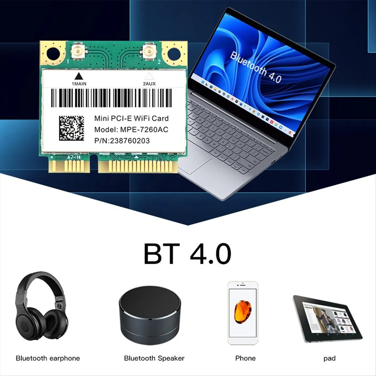 A43M 1200Mbps MPE-7260AC Mini PCI-E WiFi Card Dual Band 2.4G/5Ghz 802.11AC BT 4.0 Wlan Wireless Network for Laptop Win 10/11