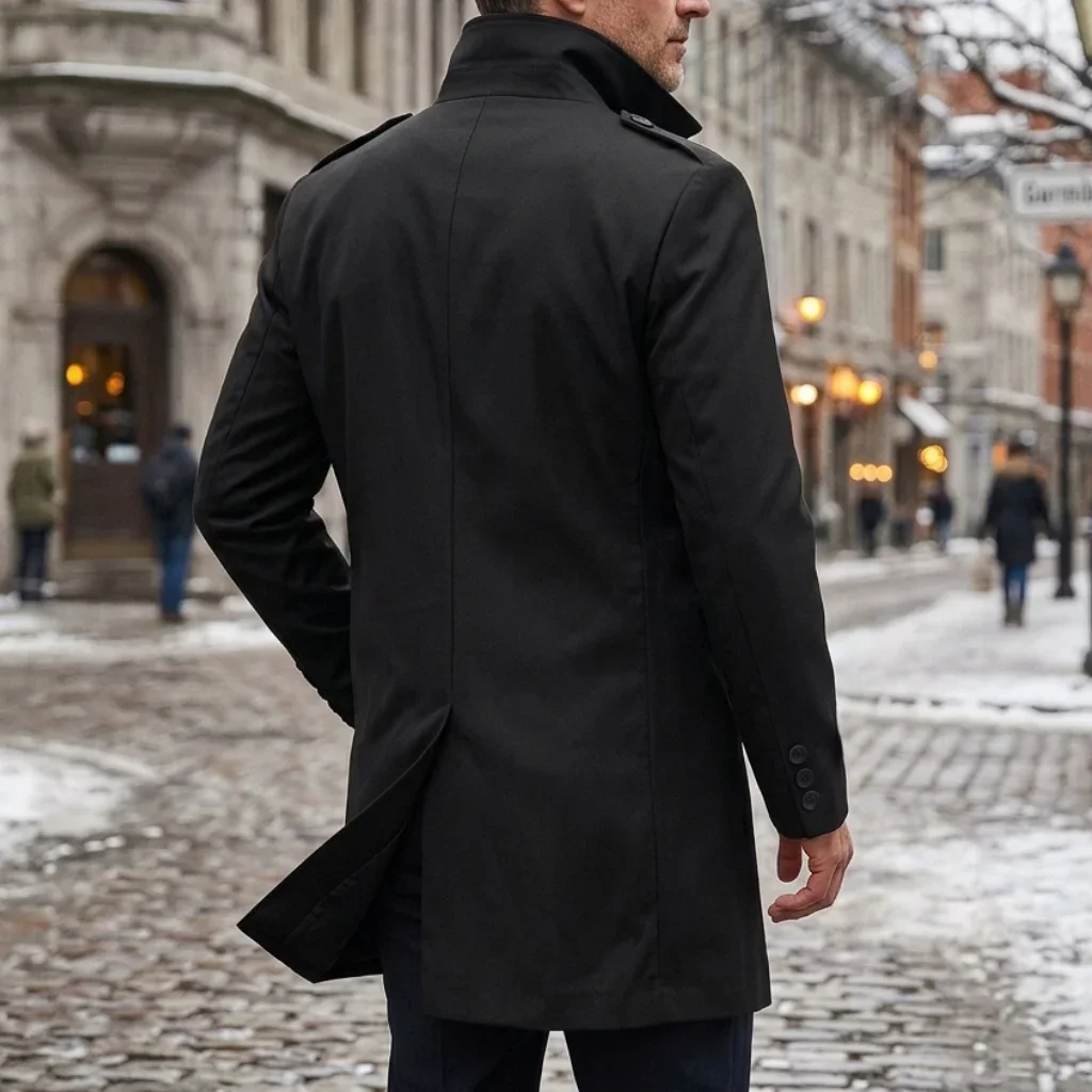 Herbstliche Herren-Windjacke: Dünne, zweireihige Jacke mit Epauletten – Mittellange Outdoor-Reise-Windjacke für Herren – Detail 8