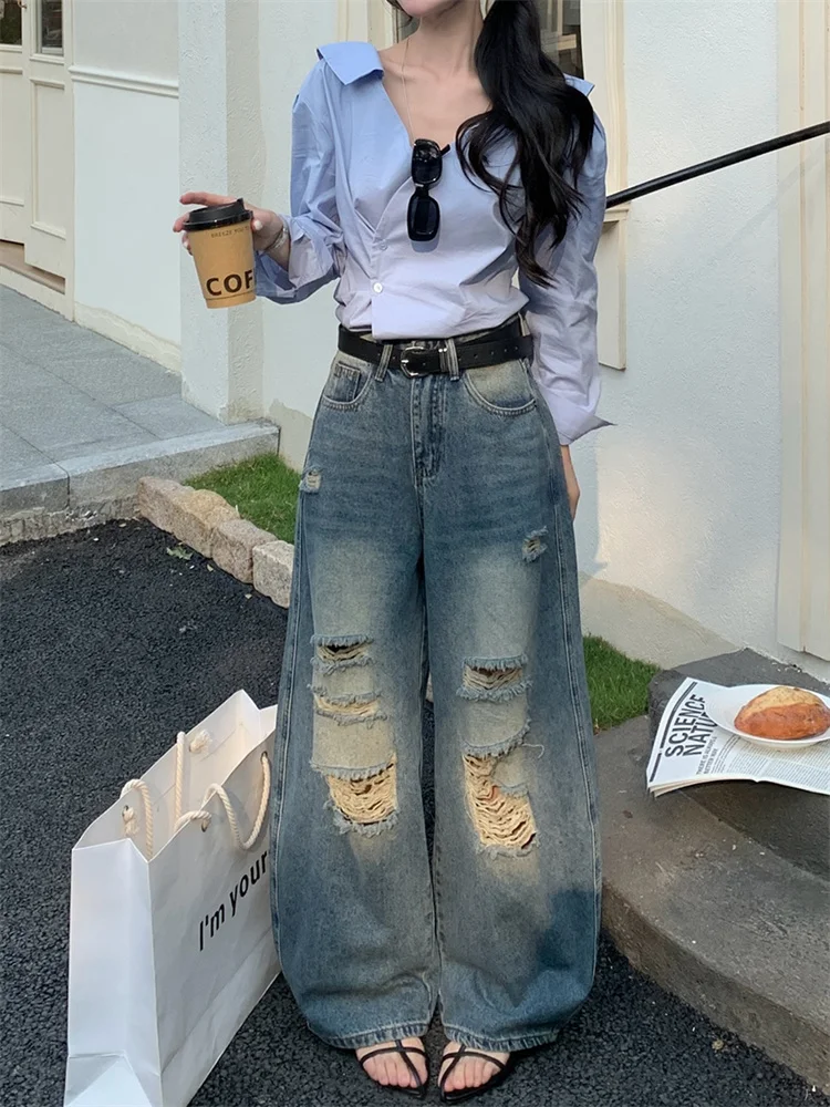 

American Streetwear Ripped Jeans Women Spring Vintage Loose BF Style Curved Hem Wide Leg Trousers Y2K Fashion Denim