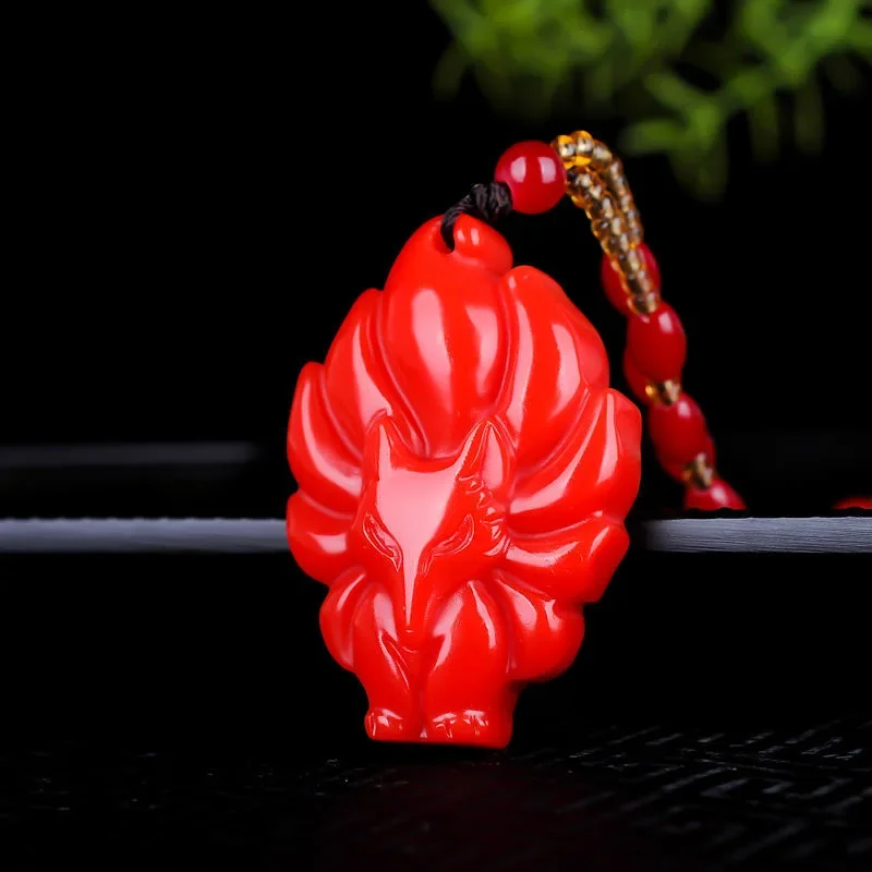 

Red Jade Nine Tailed Fox Pendant Jewelry Amulet Gifts Gemstone Carved Charm Natural Necklace Fashion Chinese Jade Jadeite