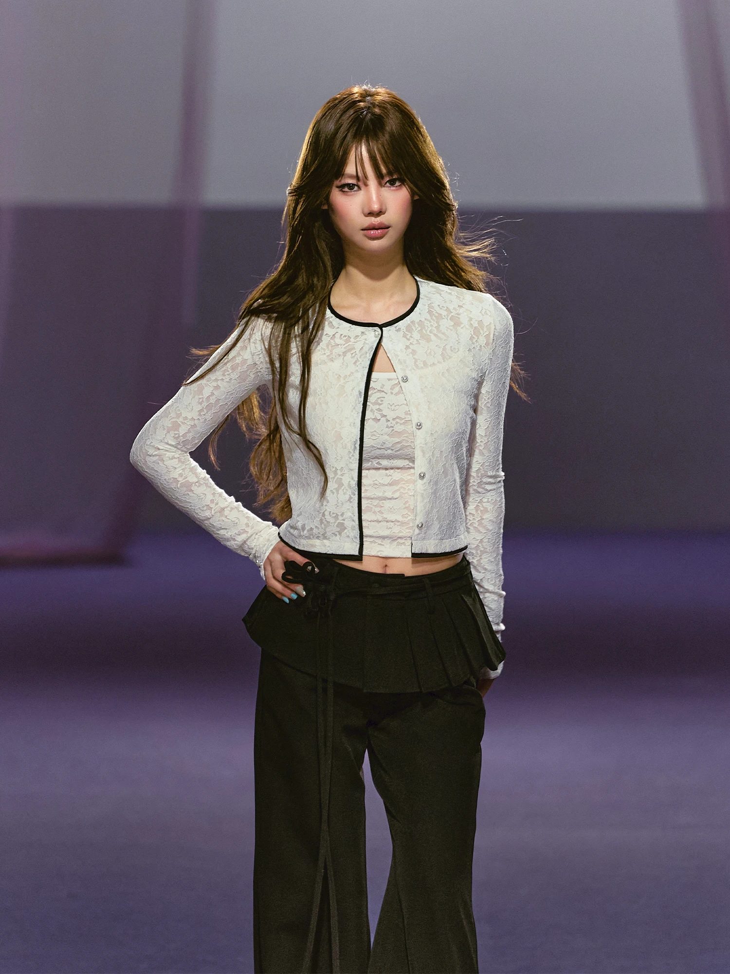 

AGAM Double Layered Lace Trim Csole And Satin Patchwork Open Cardigan Set Women's Faion Set Long Sve round Ne ort...