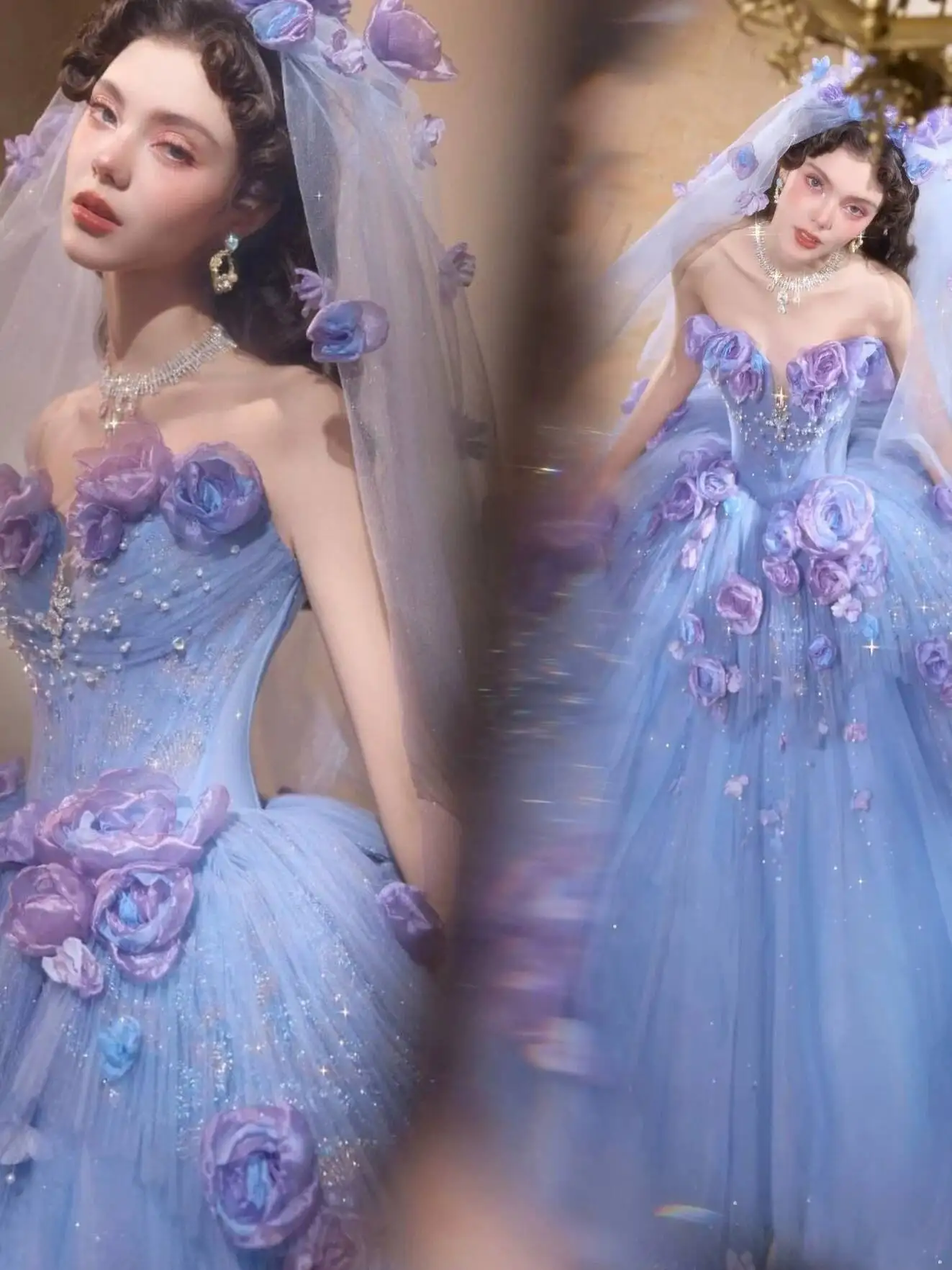 

Elf Bridal Engagement Party Host Blue Floral Lace Tulle Ball Gown Strapless Floor-Length Formal Dance Evening Party Dress