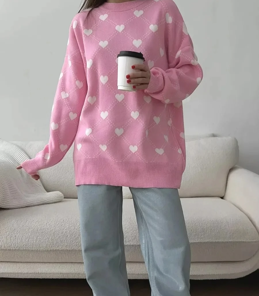 Otoño Invierno nuevo cálido estampado de amor suéter de cuello redondo para mujer suelto Casual longitud media moda Jersey Top