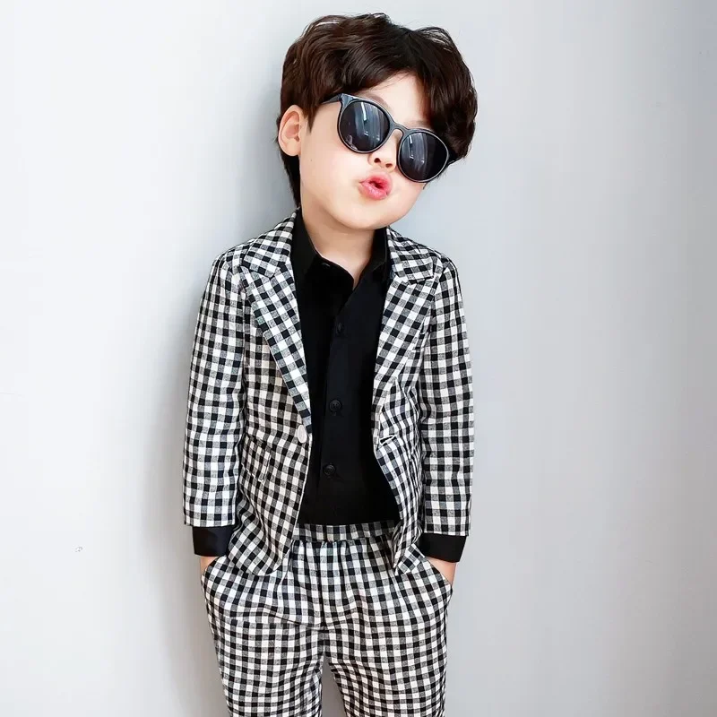 Formal Baby Child Plaid Dress Suit Set Spring Autumn Flower Boys Wedding Party Performace Costume Kids Blazer Pants Clothes