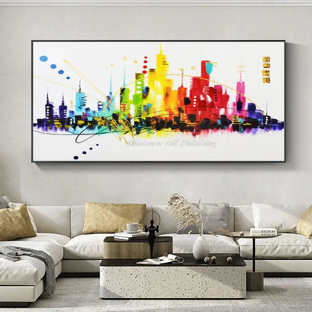 Mintura,Handpainted Colorful City Architectural Landscape Oil Paintings on Canva Modern Abstract Wall Art,Picture for,Home Decor