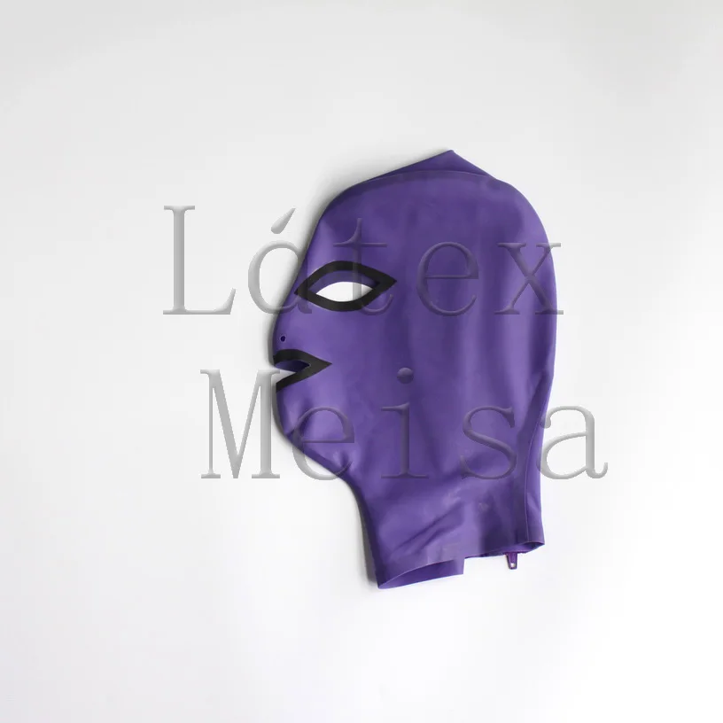 

Латексные капюшоны Zentai с открытыми глазами, ностралами и ртом фиолетового цвета с молнией сзади для взрослых