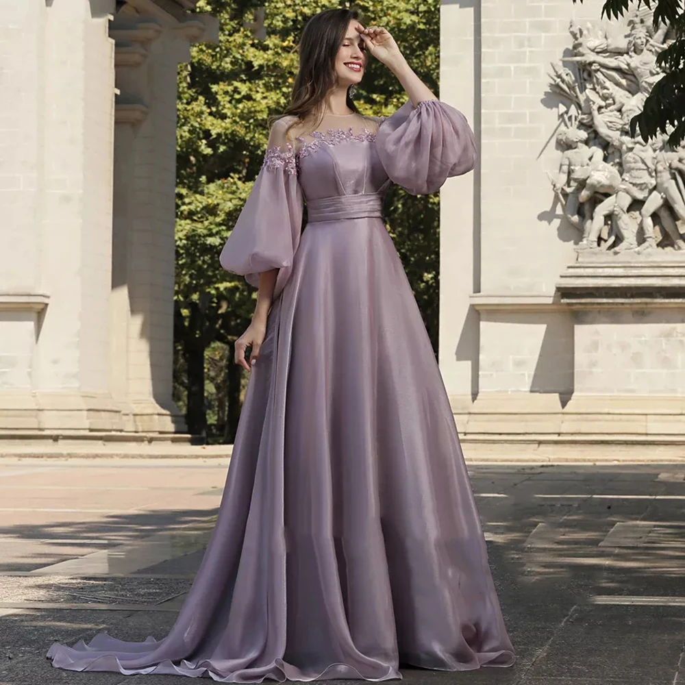 Elegant O Neck Long Evening Dress With Puffy Sleeves A Line Lace Soft Satin Prom Party Gown 2024 Custom Made