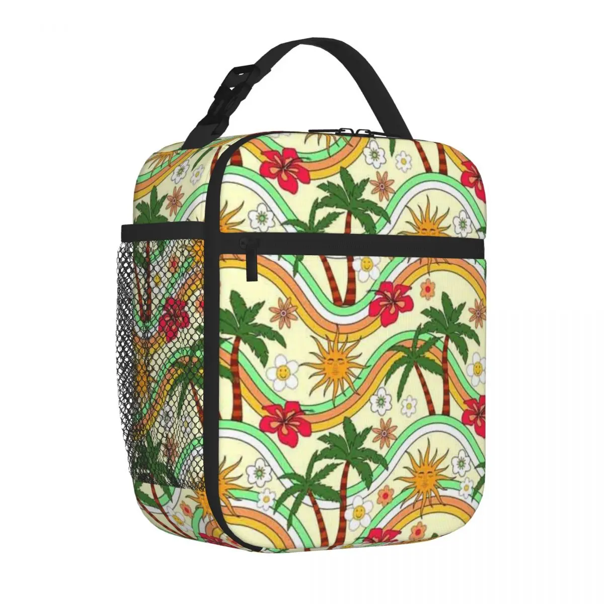 Bestselling Summer Vibes Palm Trees Sun And Flower Pattern Vintage Meal Prep Bag Garden Party Nylon Lunch Bag