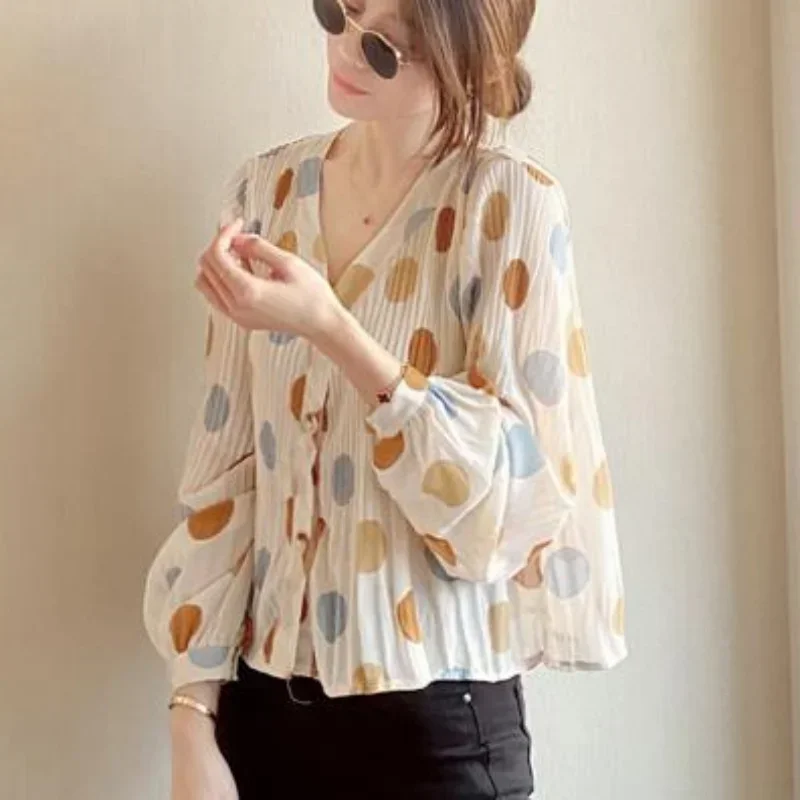 여성용 용수철 도트 브이넥 폴드 S-3XL 셔츠, 올 매치 디자인, 미적, 우아함, 레저, 스타일리시, 시크한 BF