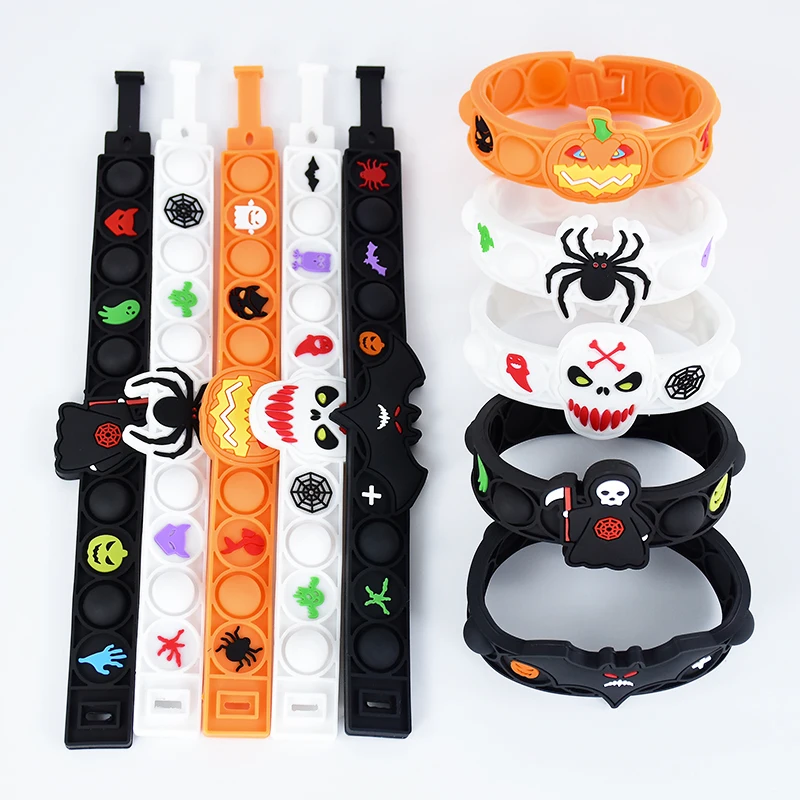 5Pcs Halloween Silicone Bubble Decompression Bracelet Relief Toy Anti Stress Relief Skull Pumpkin Bracelet Kids Toy Party Gift