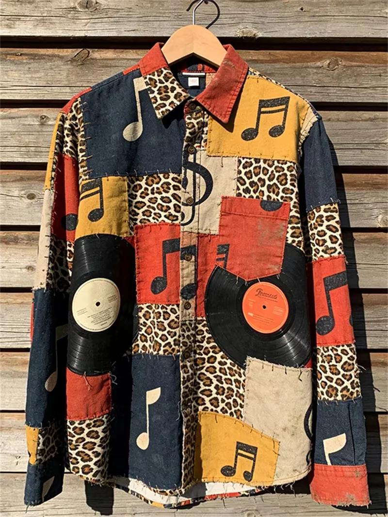New rice background cherry blossom cat print men's long sleeved shirt Japanese artistic style casual shirt