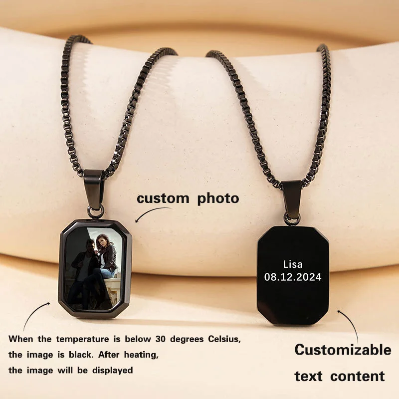 Temperature Sensitive Color Change Custom Photo Couples Necklace Gift Stainless Steel Pendant Picture Text Personalized Necklace