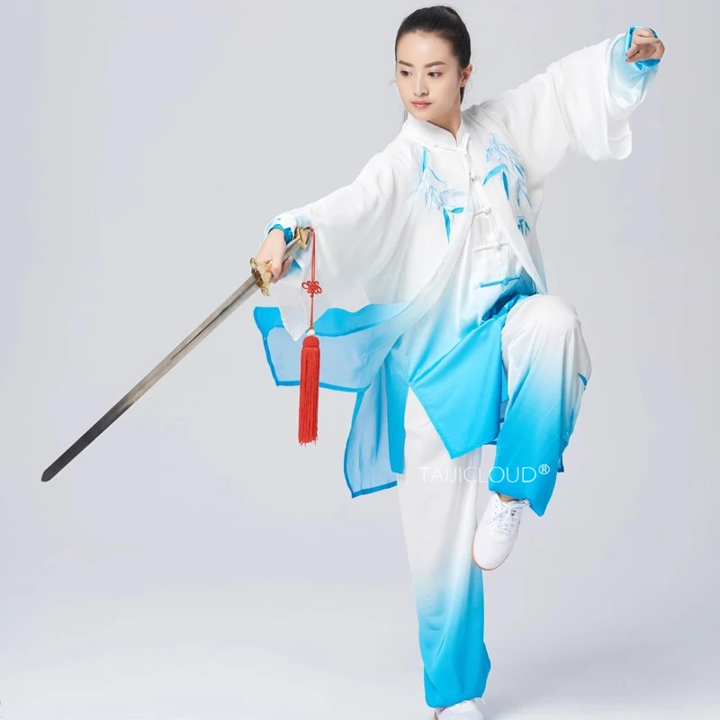 Blue Embroidered Bamboo Leaves Tai Chi Suit Set - Unisex 3-Piece with Cape for Group Performance & Competition