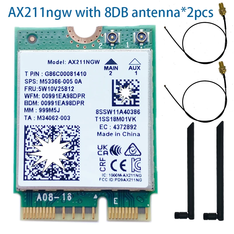 デュアルバンドwifiカード,Wi-Fi6E,ax211,m.2,key e,cnvio2,5374mbps,ワイヤレス,bluetooth 5.2, 2.4g,5g,6g,802.11ac,ax windows 11をサポート