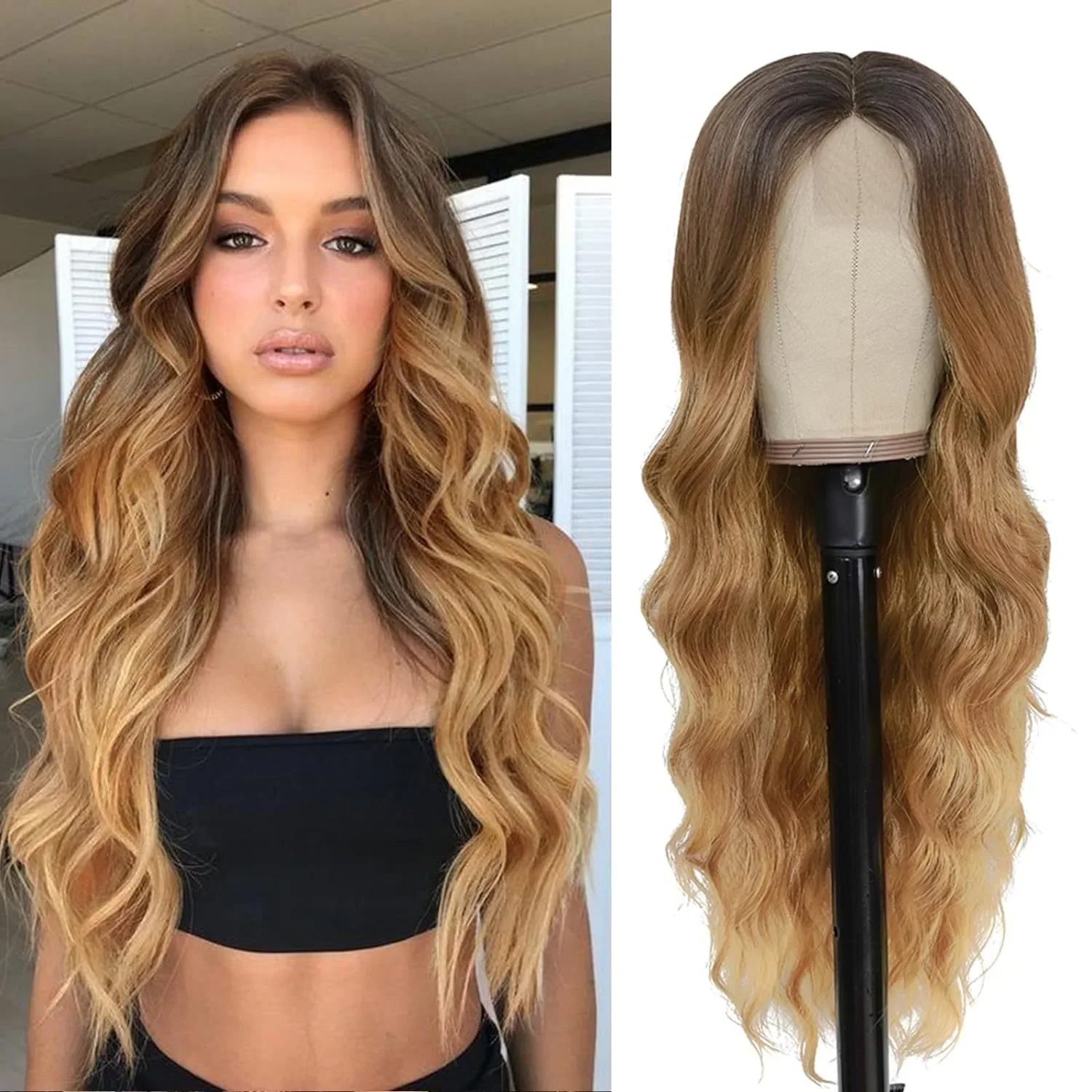 Perruques synthétiques longues ondulées pour femmes, brun clair, blond miel, ombré noir, partie en T profonde, dentelle frontale 4 bronches, degré de chaleur