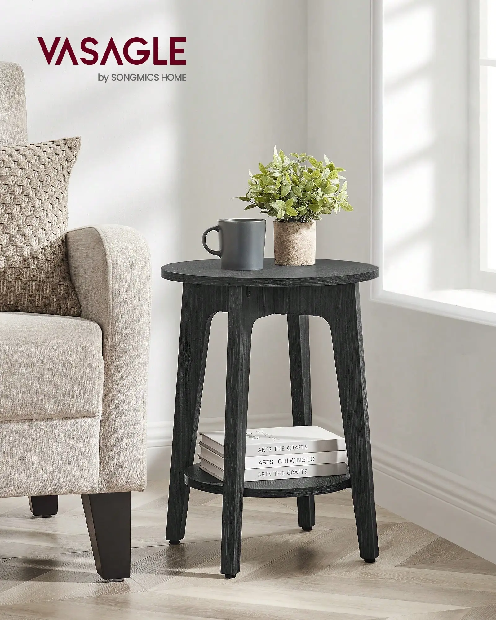 Round End Table With Lower Shelf, Side Table, Nightstand For Small Spaces, 15.8 X15.8 X 19.7 Inches, Room Decor, Black