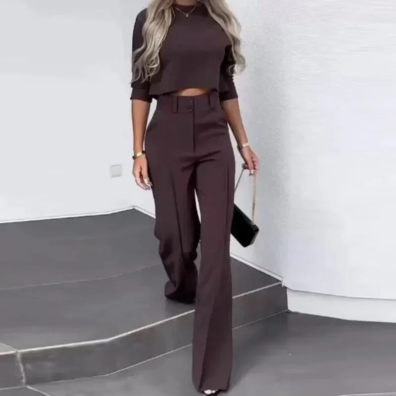 Female Casual Outfit Lady Batwing Sleeve Sets Women Solid Color Commuting Mid-Sleeve Midriff Top High-Waisted Wide-Leg Pant Suit