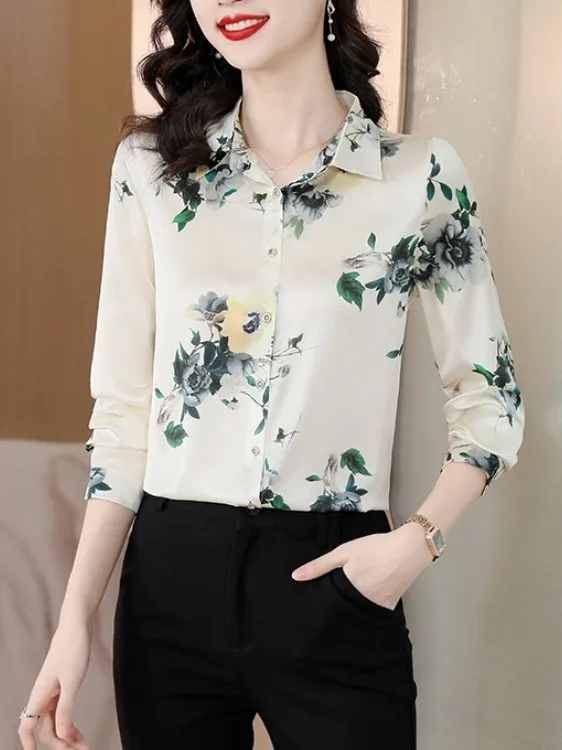 

Ele Silk Long Sve irt с цветочным принтом, весенне-осенняя женская мода, универсальный прямой крой, мягкий атлас, деформируемый тонкий