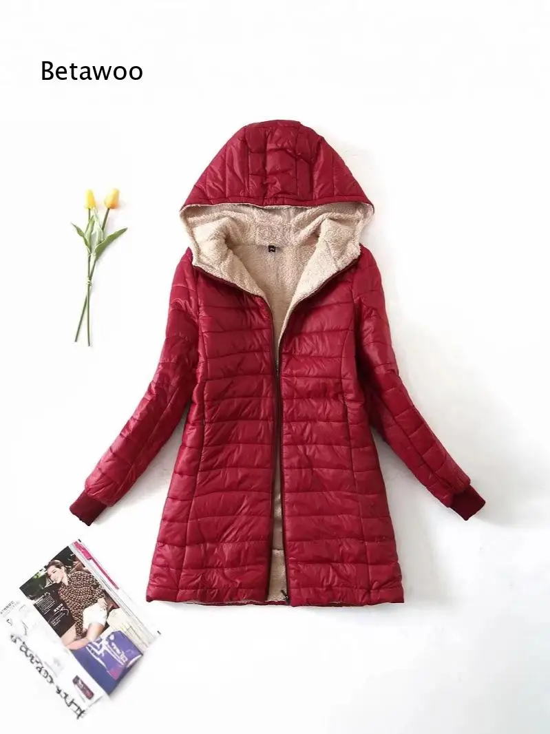 Ladies Mid Length Hooded Quilted Outerwear Long Sleeve Solid Color Fleece Lined Full Zip Coat For Autumn And Winter Activities