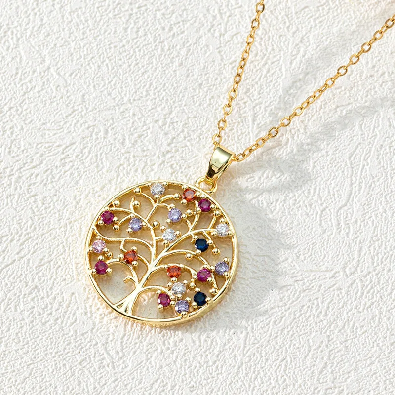 Life Tree Family Necklace Personalized Stainless Steel Summer Multi-color Crystal Tree Of Life Pendant For Women Christmas Gift